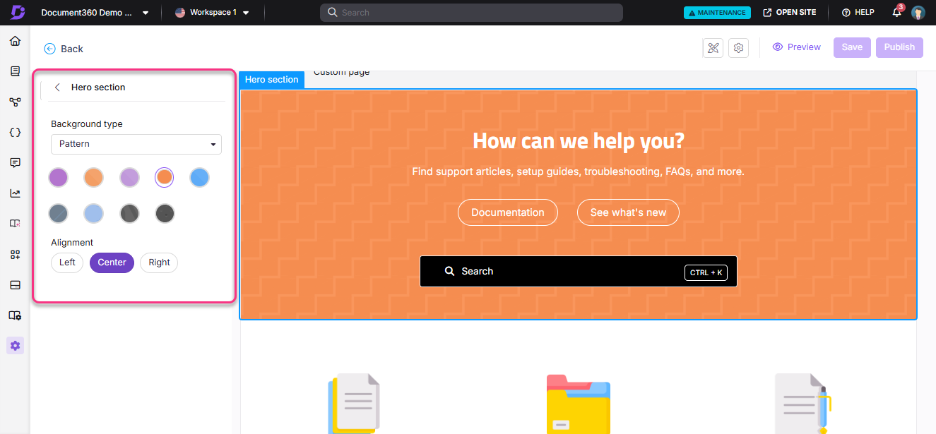 Hero section setup with background options and alignment settings for a webpage.