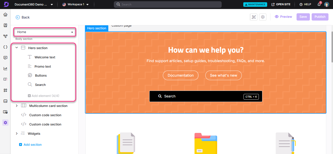 User interface showing a hero section with search and documentation options.