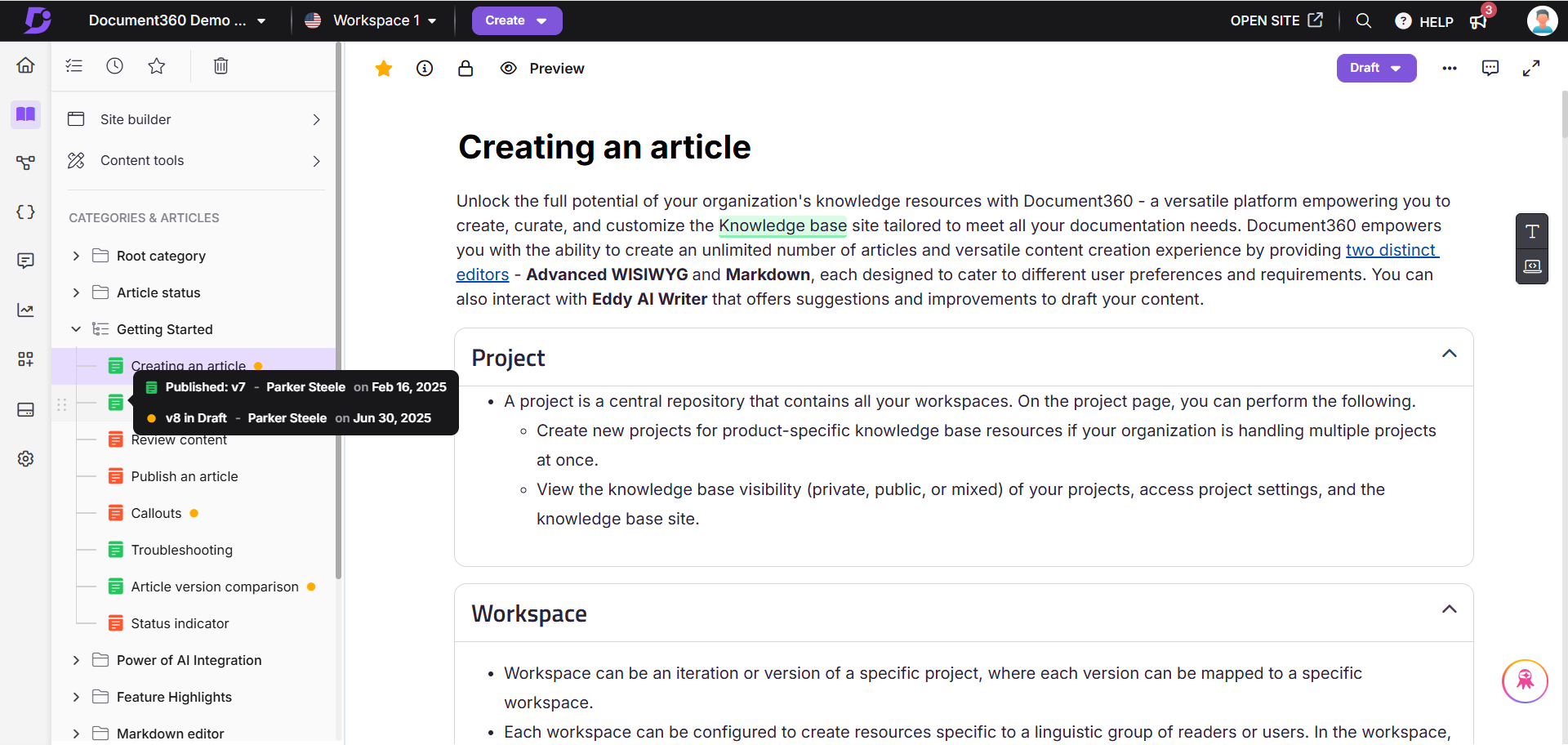 Document360 interface showcasing article creation and project management features for users.
