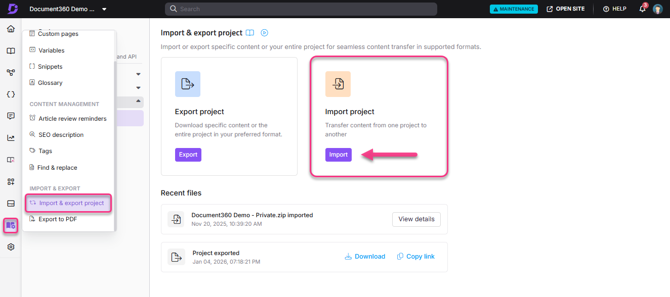 Import project feature allows transferring content between projects seamlessly in Document360.