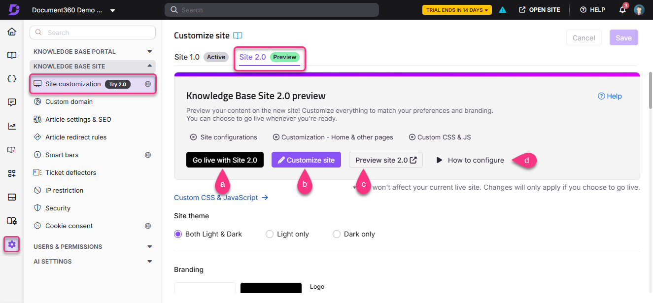 Preview of Knowledge Base Site 2.0 with customization options and navigation elements highlighted.
