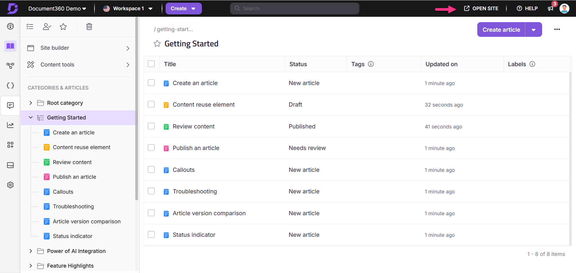 Document360 interface showing article management and creation options for users.