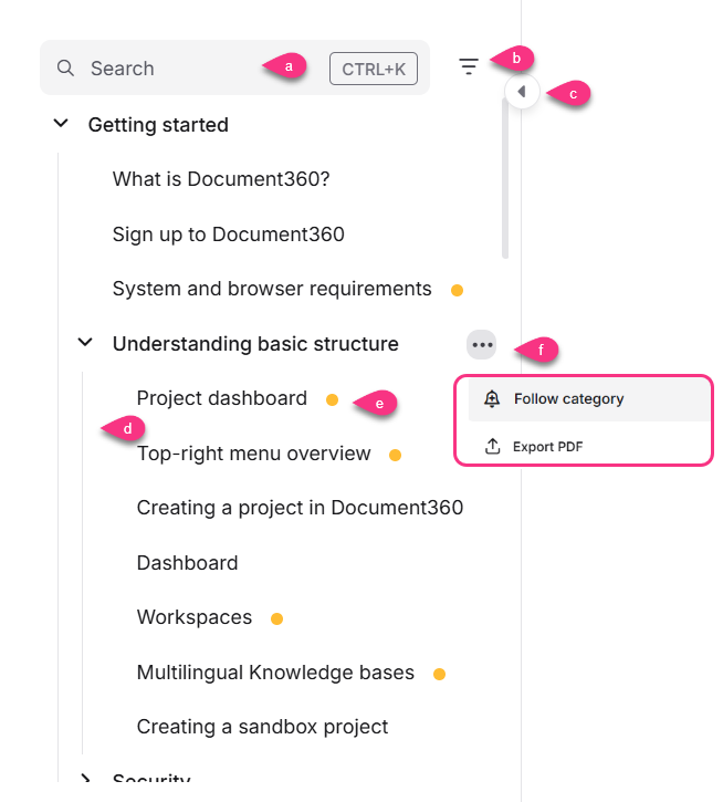 Document360 interface showing project dashboard and options to follow category or export PDF.