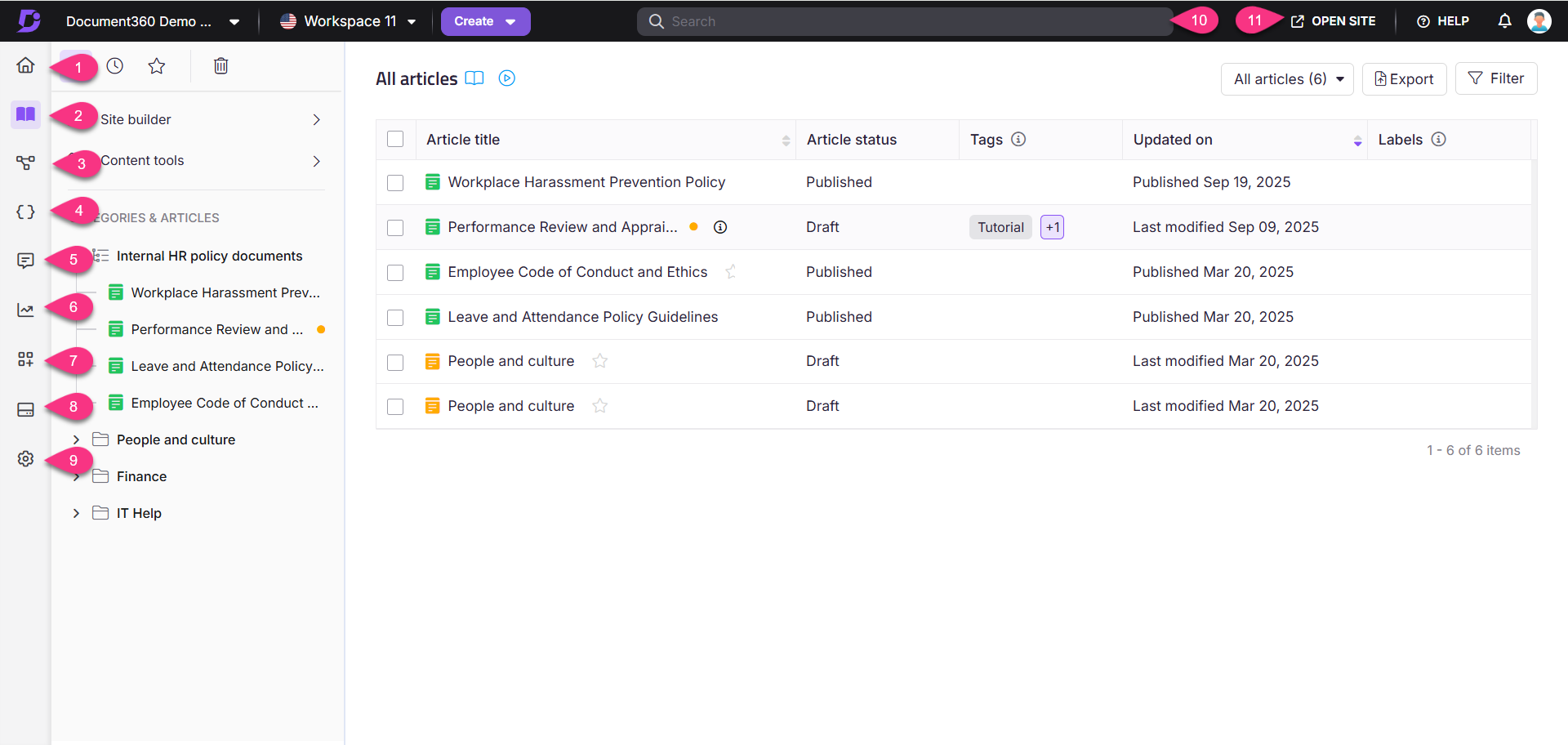 Document360 interface showing articles, categories, and their publication statuses.