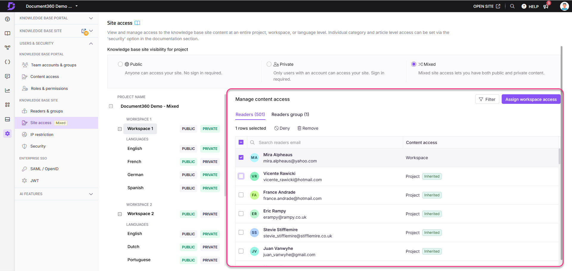 Manage content access for readers in Document360 knowledge base site settings.