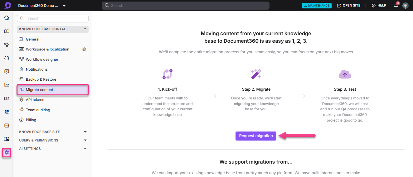 Instructions for migrating content to Document360 with highlighted steps and request button.