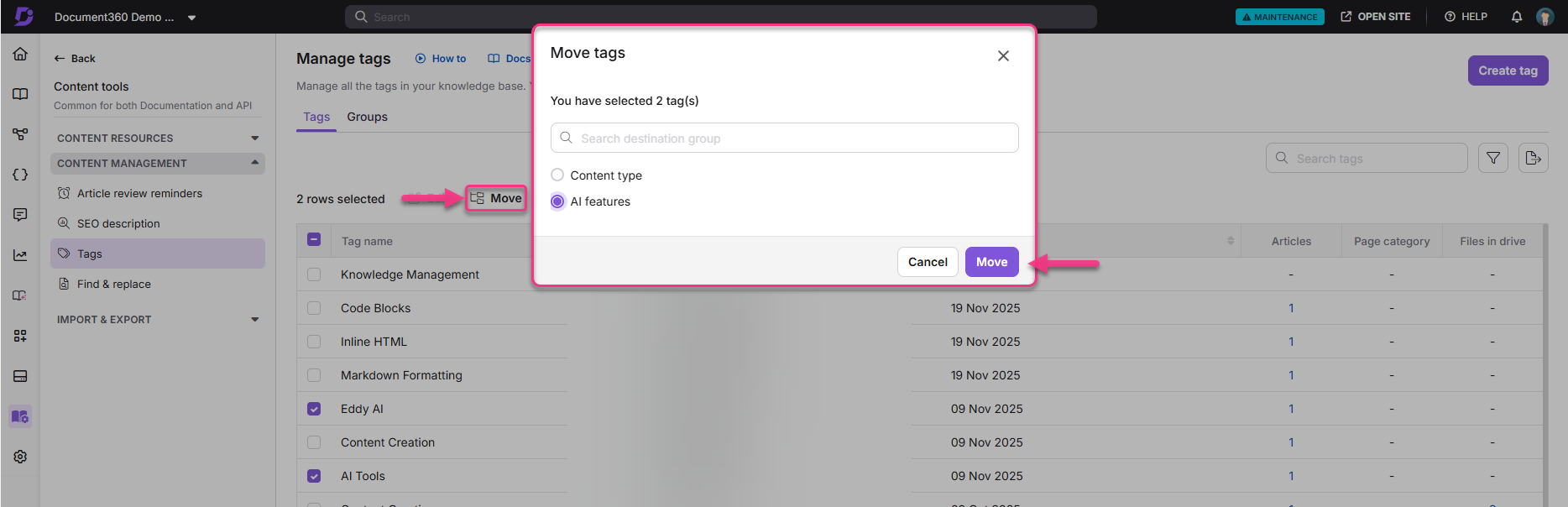 Interface for managing tags in a knowledge base, highlighting selected tags and move option.