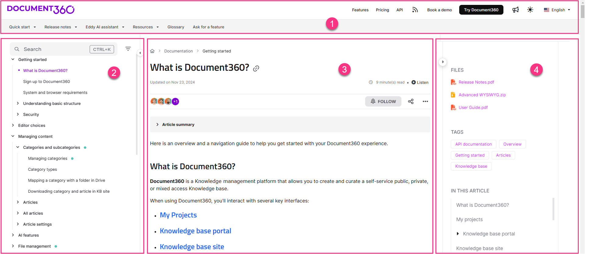 Overview of Document360 features including navigation, article summary, and file management.