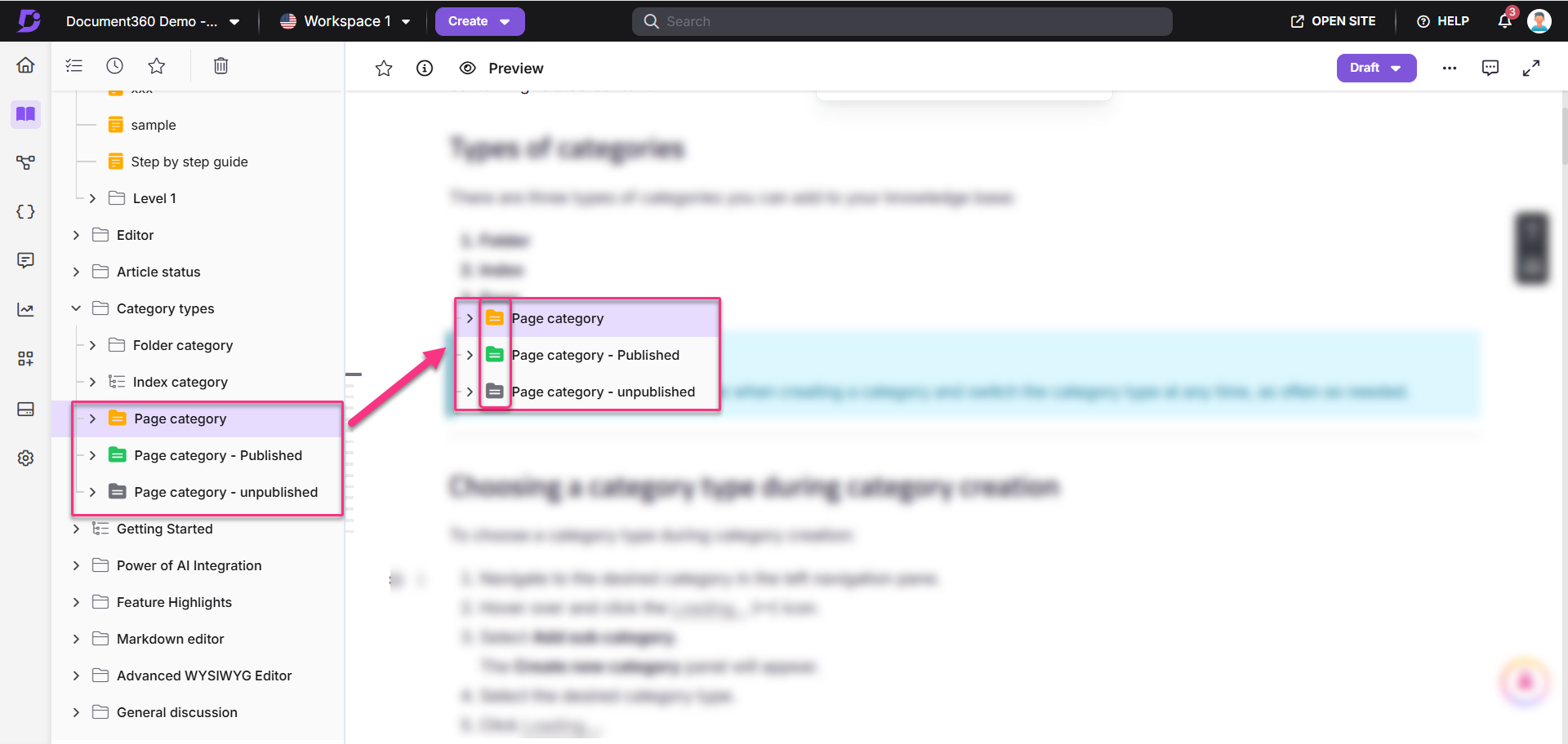 Document showing category types with highlighted page categories and navigation instructions.