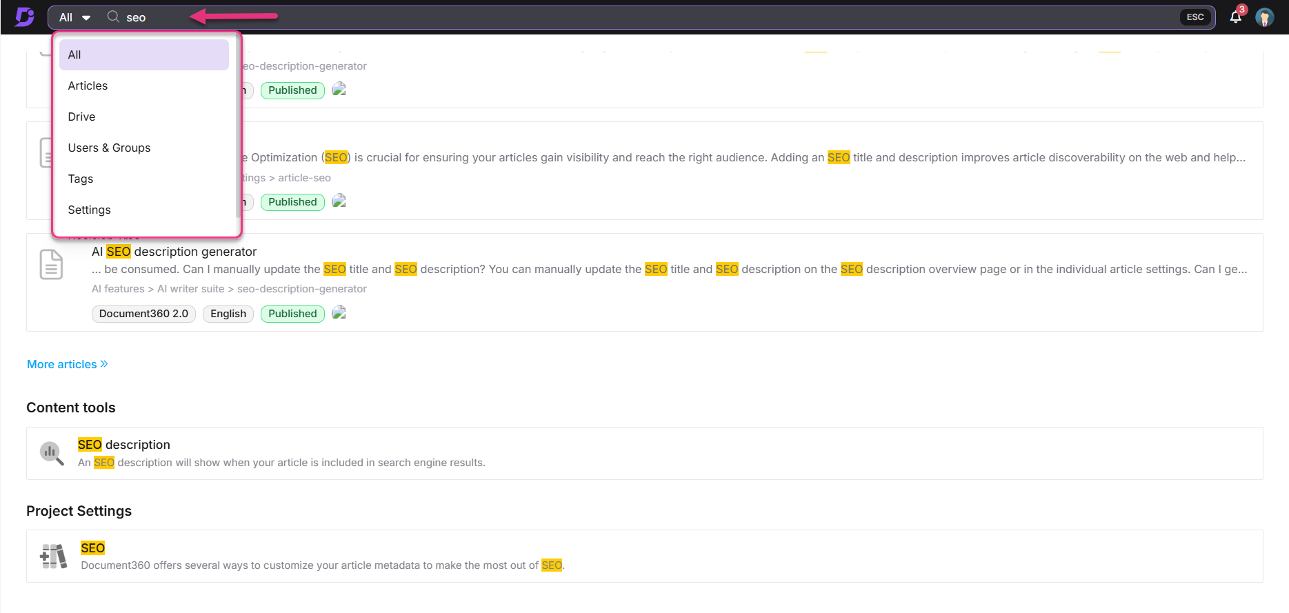 SEO tools and settings overview with highlighted SEO elements for article optimization.
