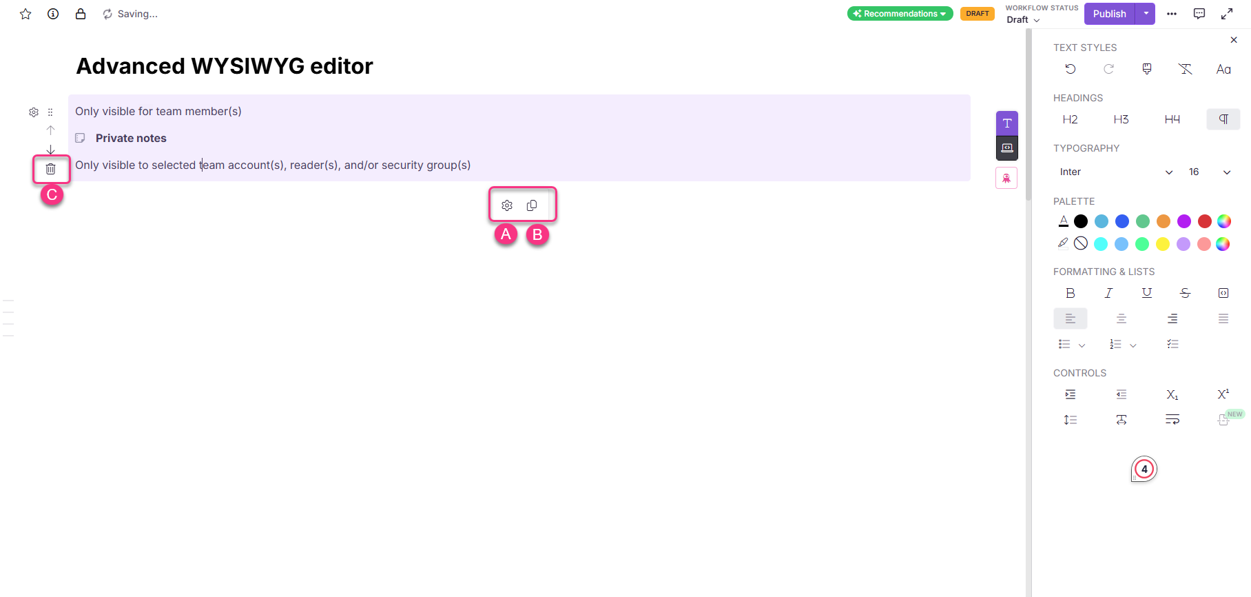 Advanced WYSIWYG editor interface showing private notes and settings options.