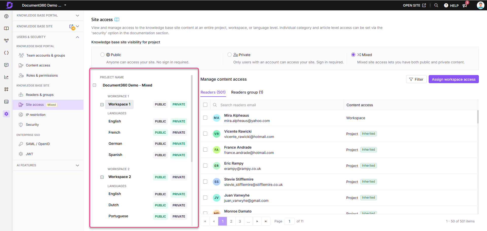 Manage site access settings for Document360 project, including workspace and language options.