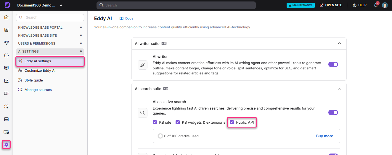 Eddy AI settings page showing options for AI writer and assistive search features.