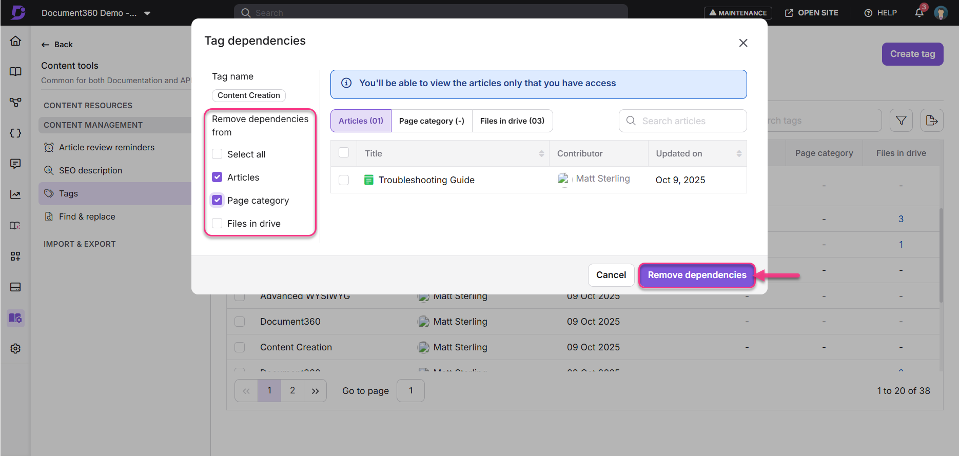 Interface showing tag dependencies for content management in Document360 application.