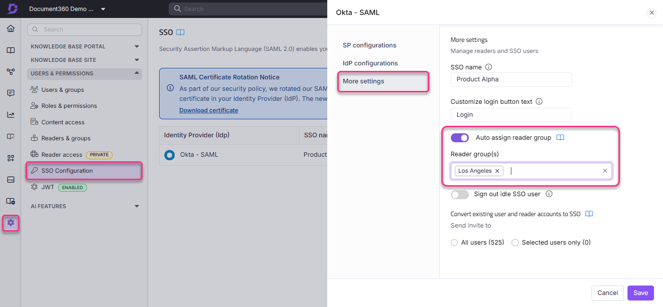Configuration settings for SSO, including reader group assignment and login customization options.