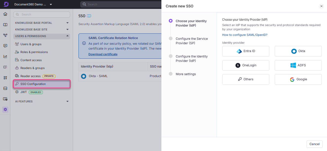 SSO configuration interface showing identity provider options and setup steps for users.