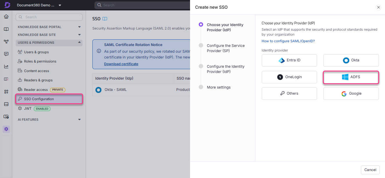 SSO configuration interface showing identity provider options including ADFS and others.