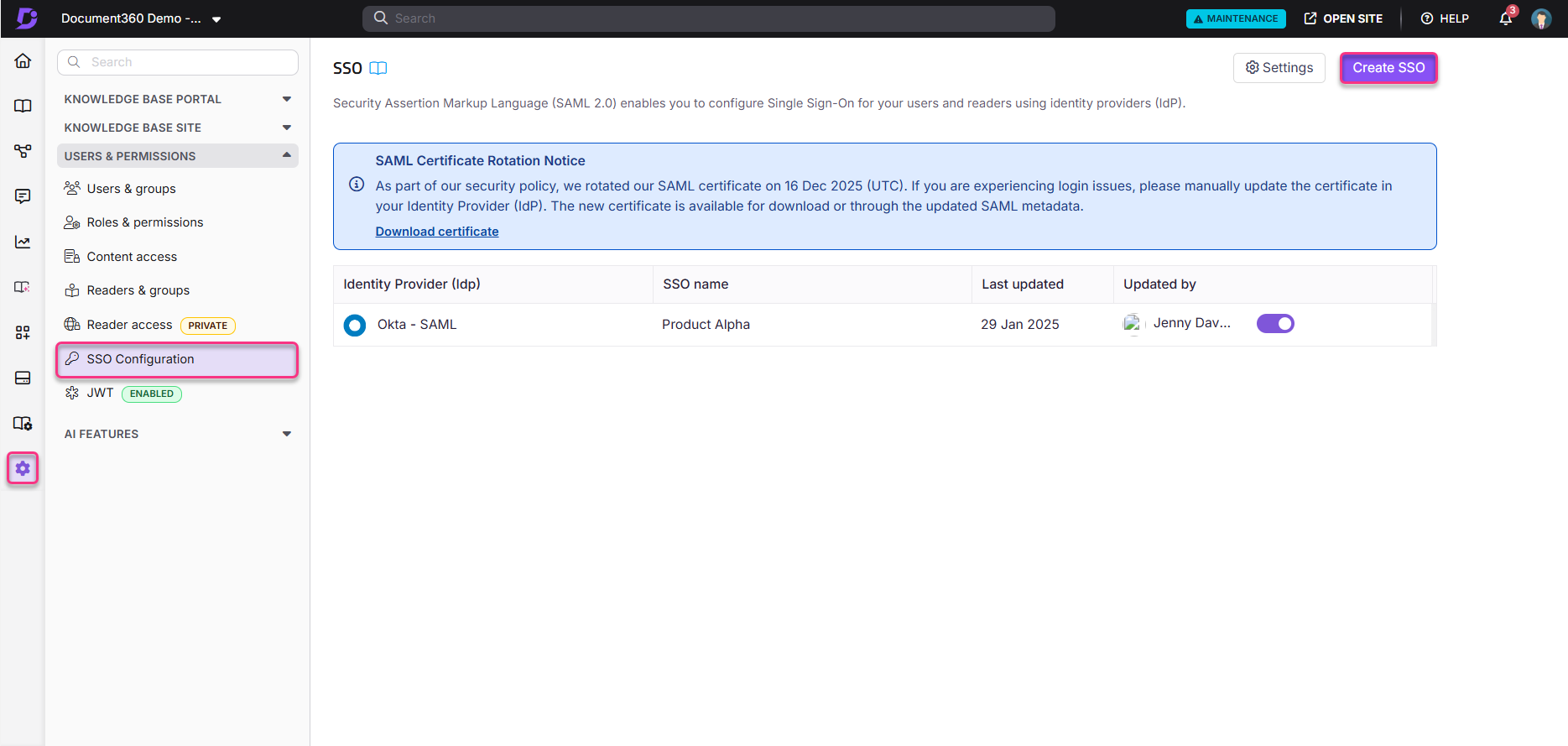 SSO configuration settings with identity provider details and certificate rotation notice displayed.