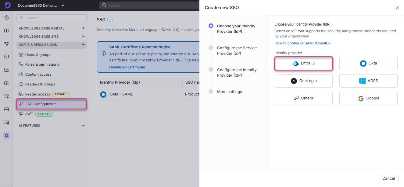 SSO configuration interface showing identity provider options including Entra ID and Okta.