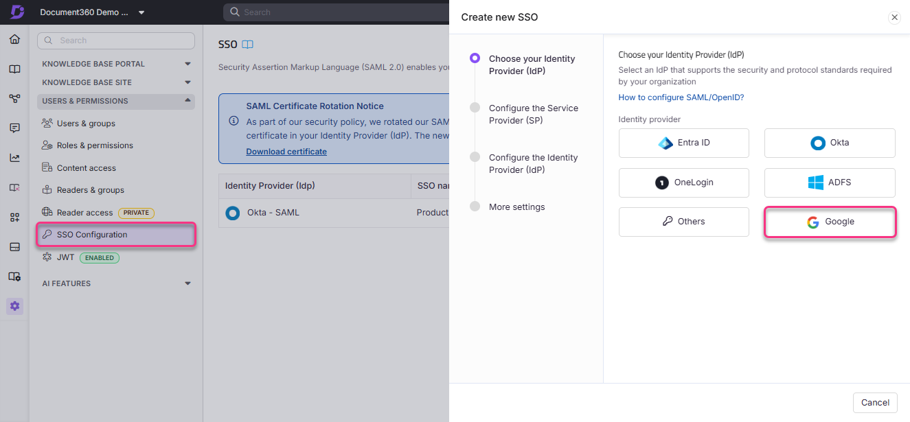 SSO configuration interface showing options for identity providers including Google.