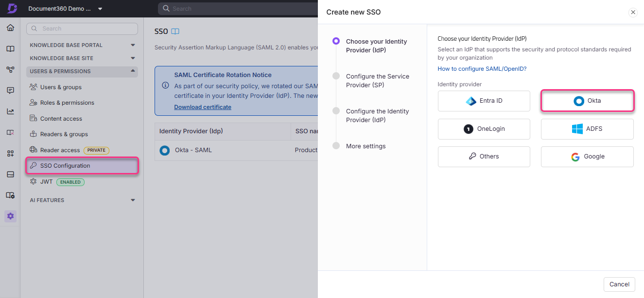 SSO configuration interface showing identity provider options including Okta and others.