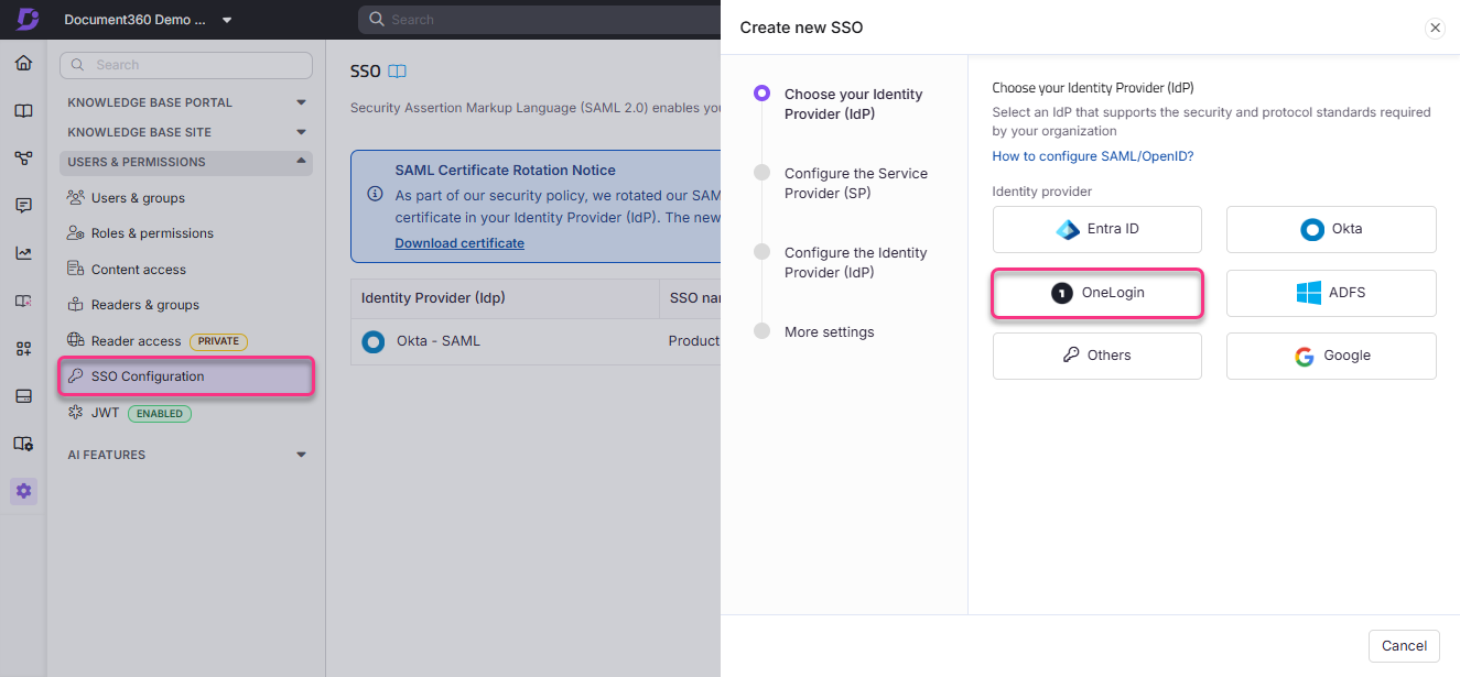 SSO configuration interface showing identity provider options including OneLogin and Okta.