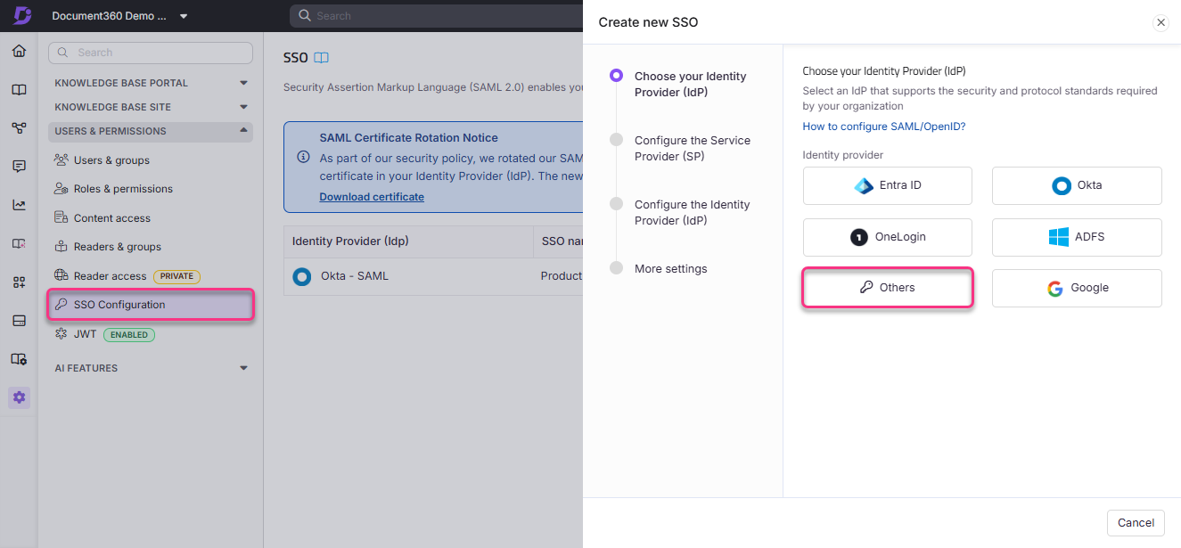 SSO configuration options with highlighted identity provider selection for single sign-on setup.