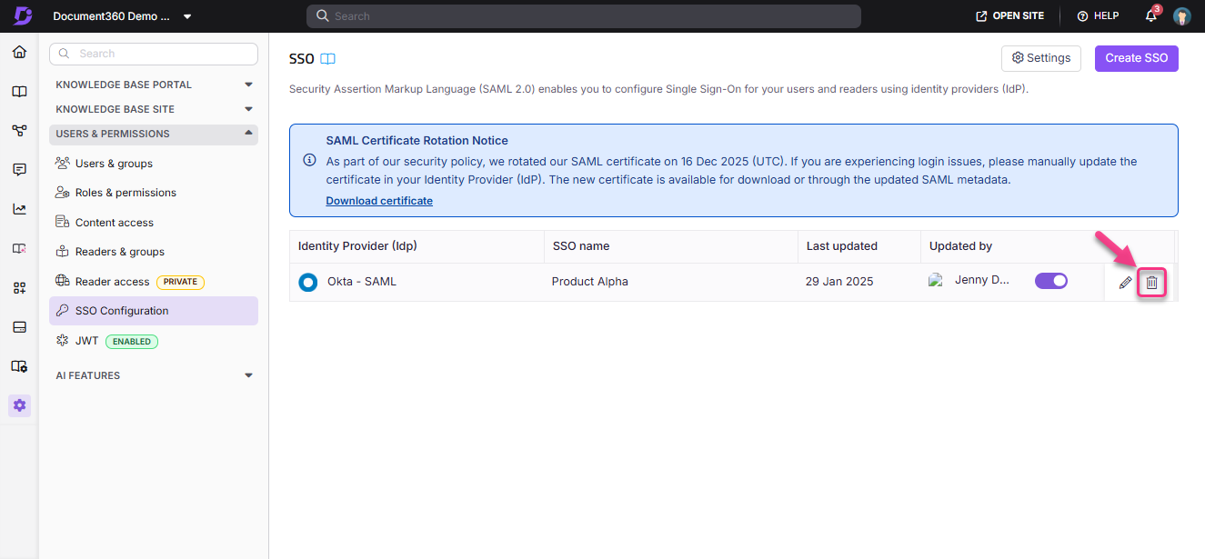 SAML certificate rotation notice with options for downloading and managing identity provider settings.