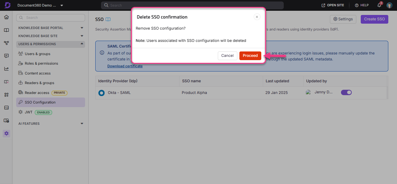 Confirmation dialog for deleting SSO configuration with warning about user deletion.