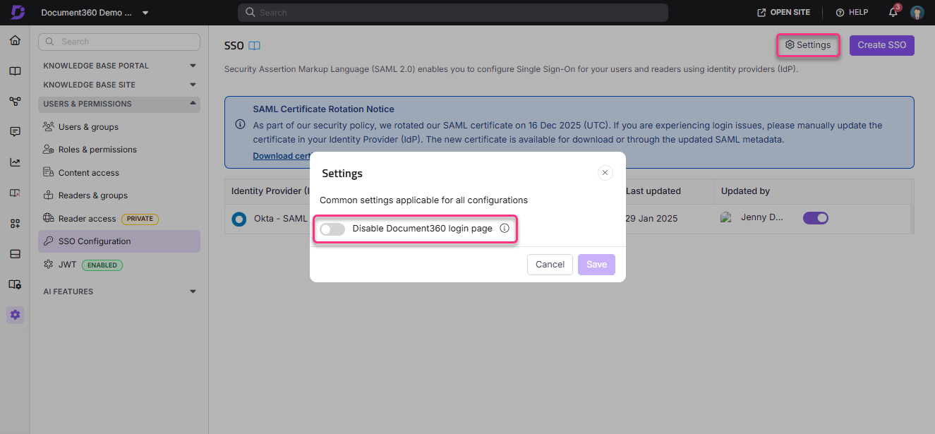 Settings menu showing option to disable Document360 login page in SSO configuration.