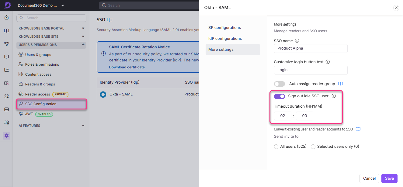SSO configuration settings with highlighted options for signing out idle users and timeout duration.