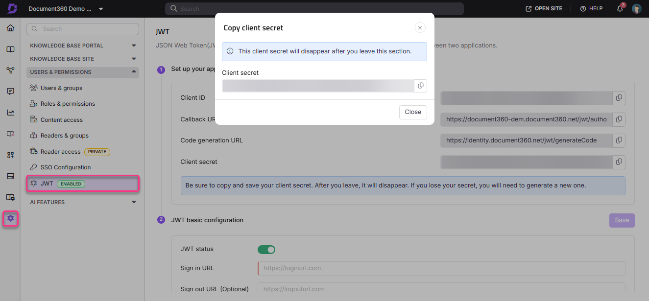 Instructions for copying client secret in JWT configuration settings.
