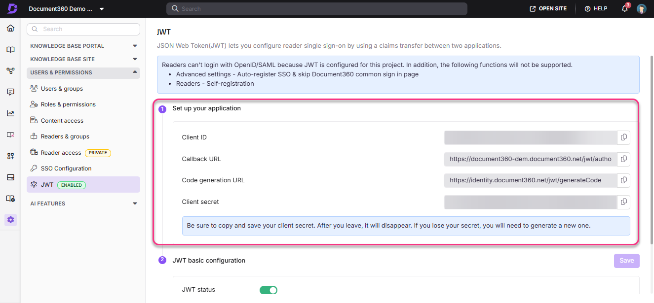 Instructions for setting up JWT application with Client ID and secret details.