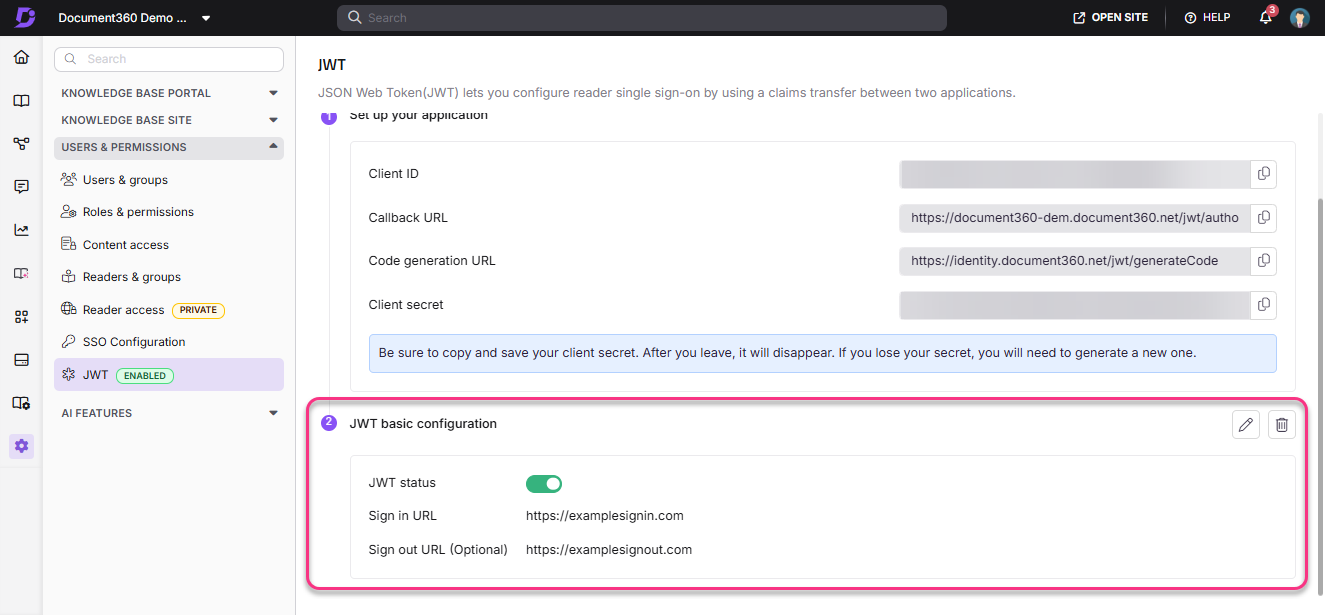 JWT configuration settings including client ID, URLs, and status toggle for authentication.