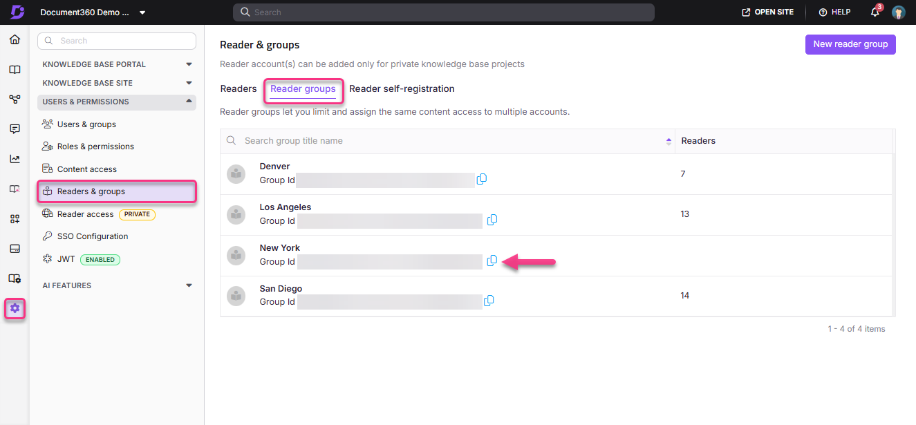 User permissions management interface showing reader groups and their details.