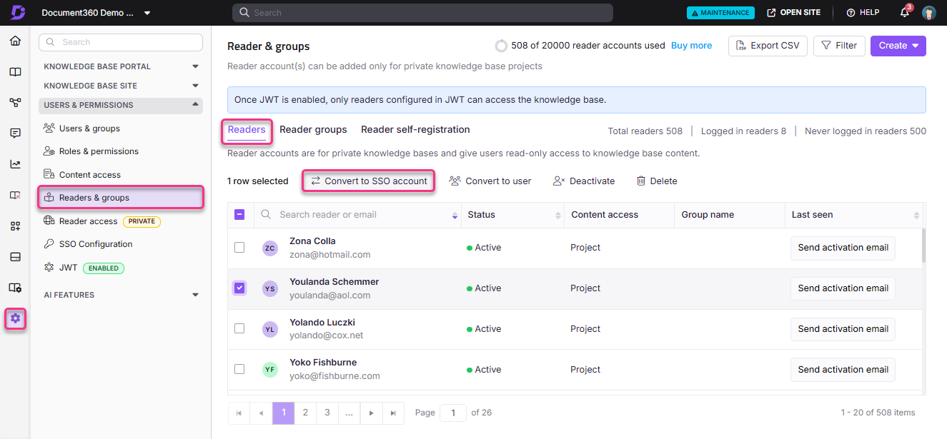 User management interface showing reader accounts and options for SSO conversion.