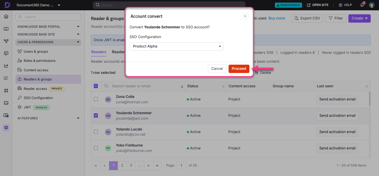 User account conversion prompt for SSO configuration in Document360 interface.