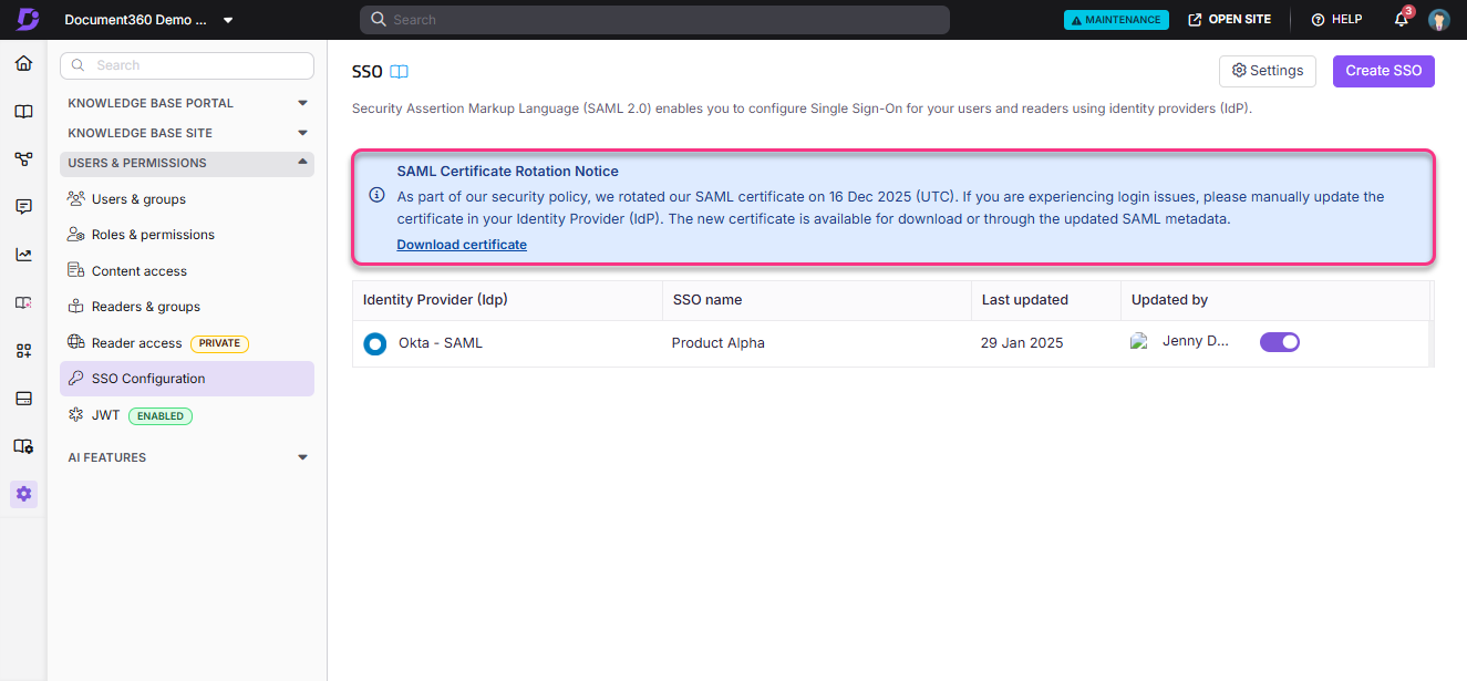 SAML certificate rotation notice with instructions for updating identity provider settings.