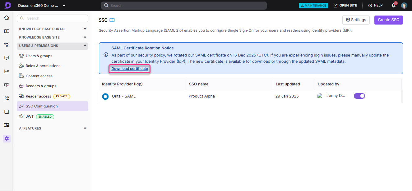 SAML certificate rotation notice with a download link for the new certificate.