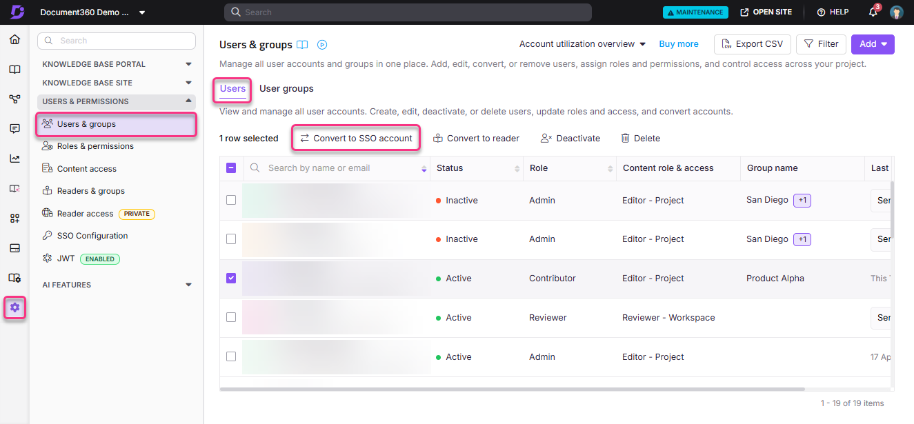 User management interface displaying account statuses and options for user roles.