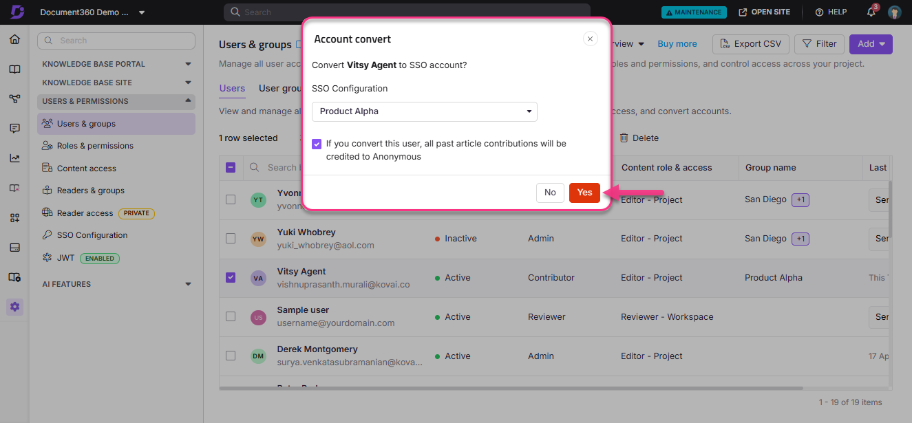 User account conversion prompt for Vitsy Agent to SSO account with options.