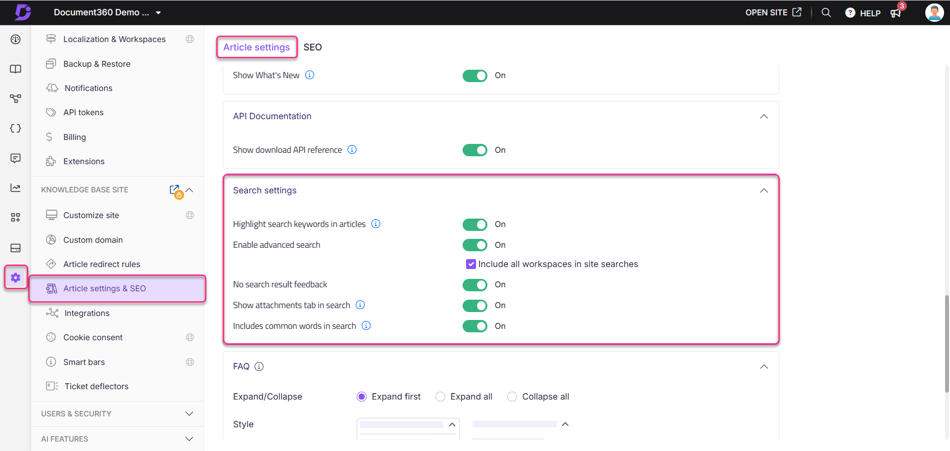 Settings for article management, including search options and workspace inclusion features.