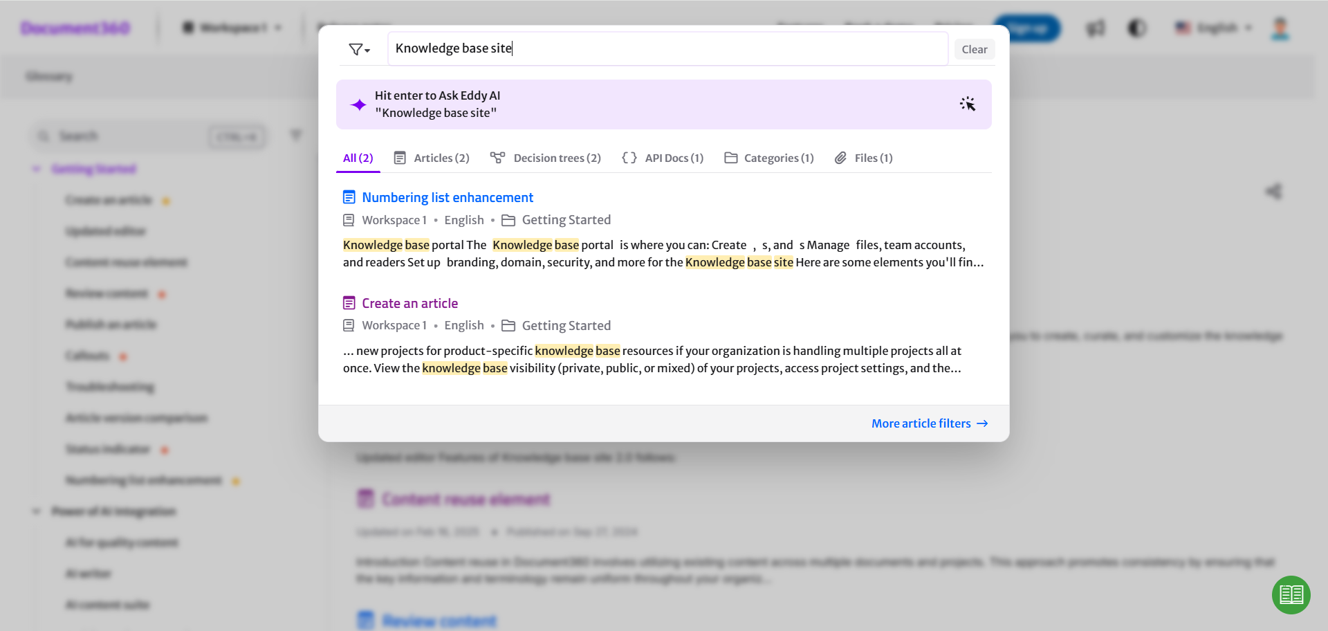 Knowledge base site search bar page view