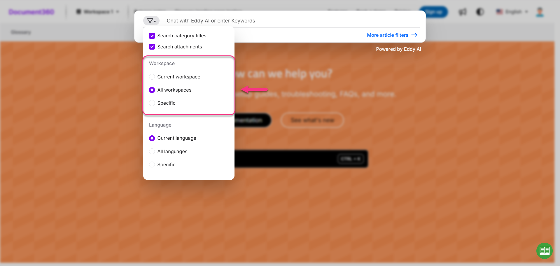 Illustrating the Search behavior based on workspace selection in the Knowledge base site