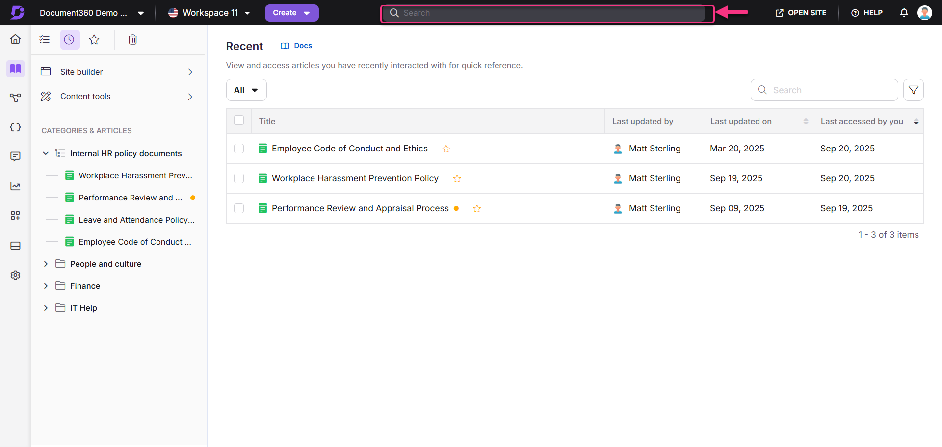 Document management interface displaying recent HR policy documents and a search bar.
