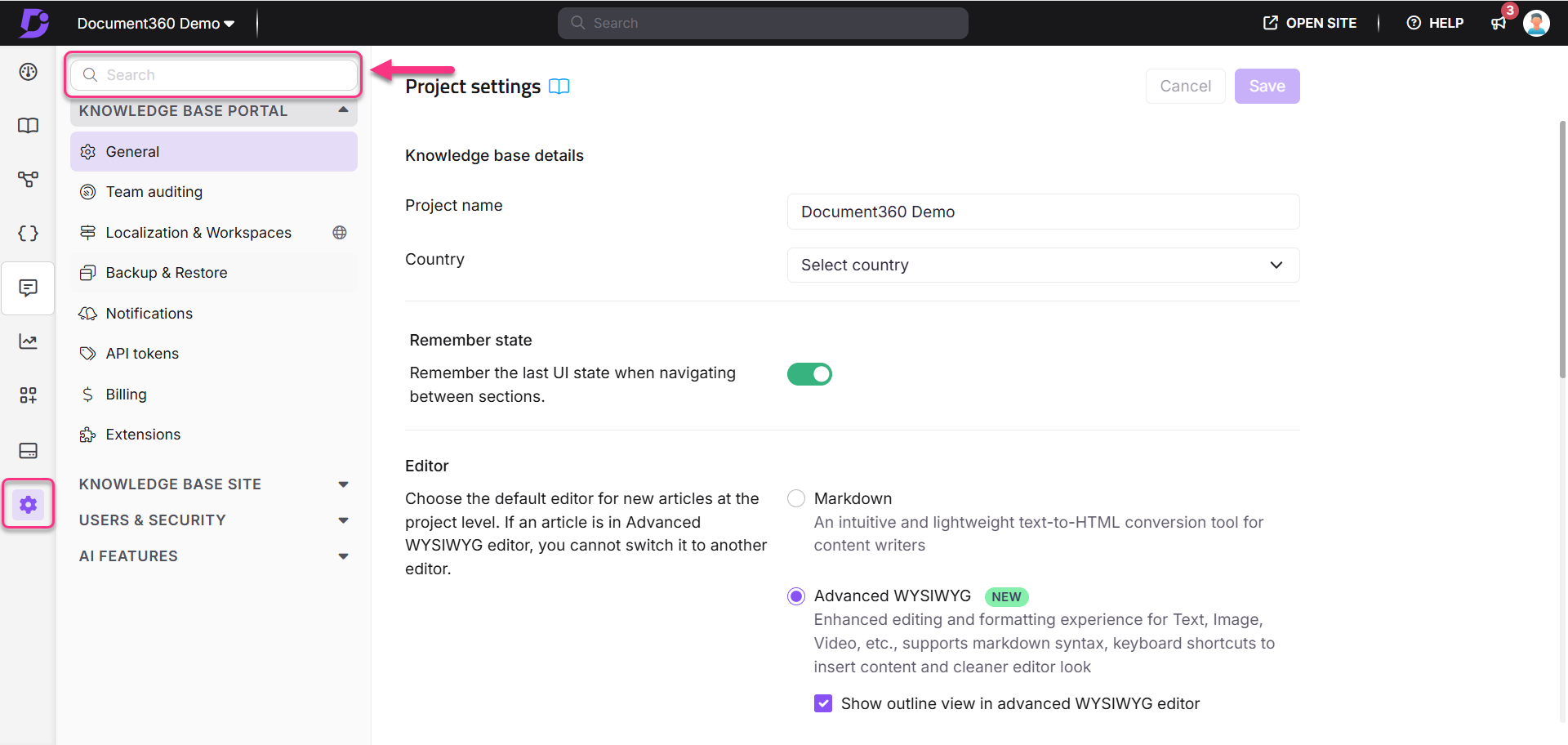 Project settings interface showing options for knowledge base details and editor selection.