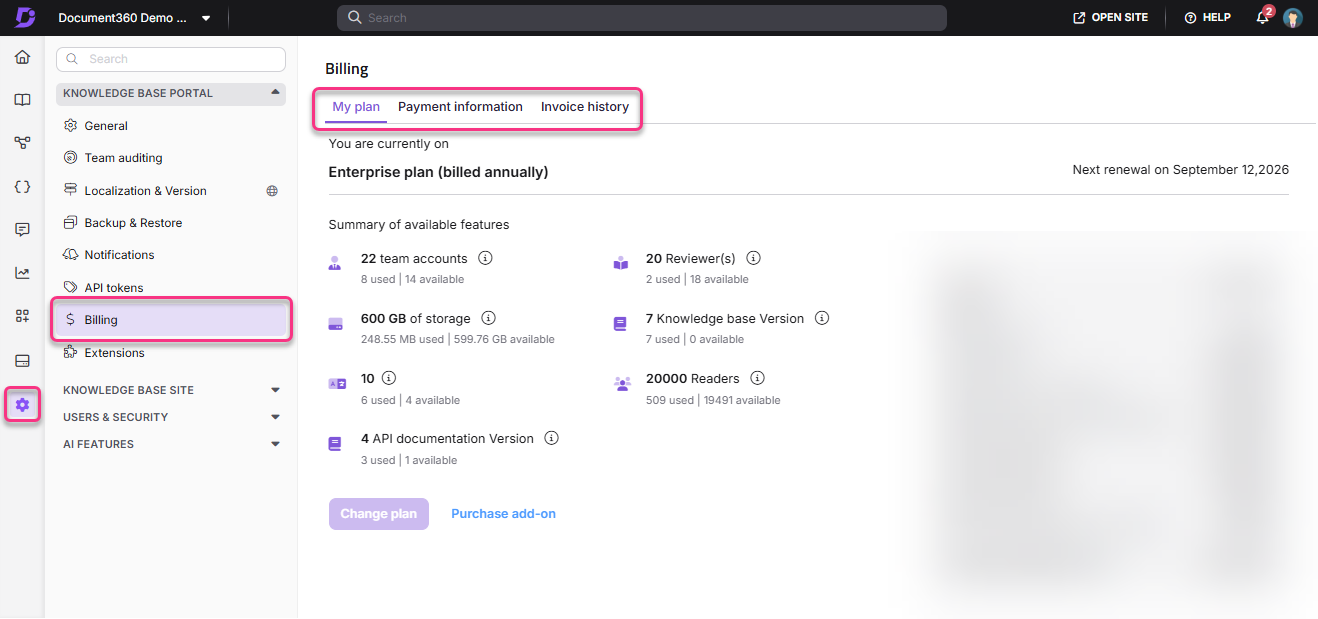 Billing section showing plan details, storage, and available features for users.