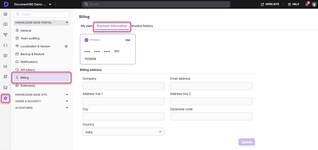 Billing section displaying payment information and address fields for user input.