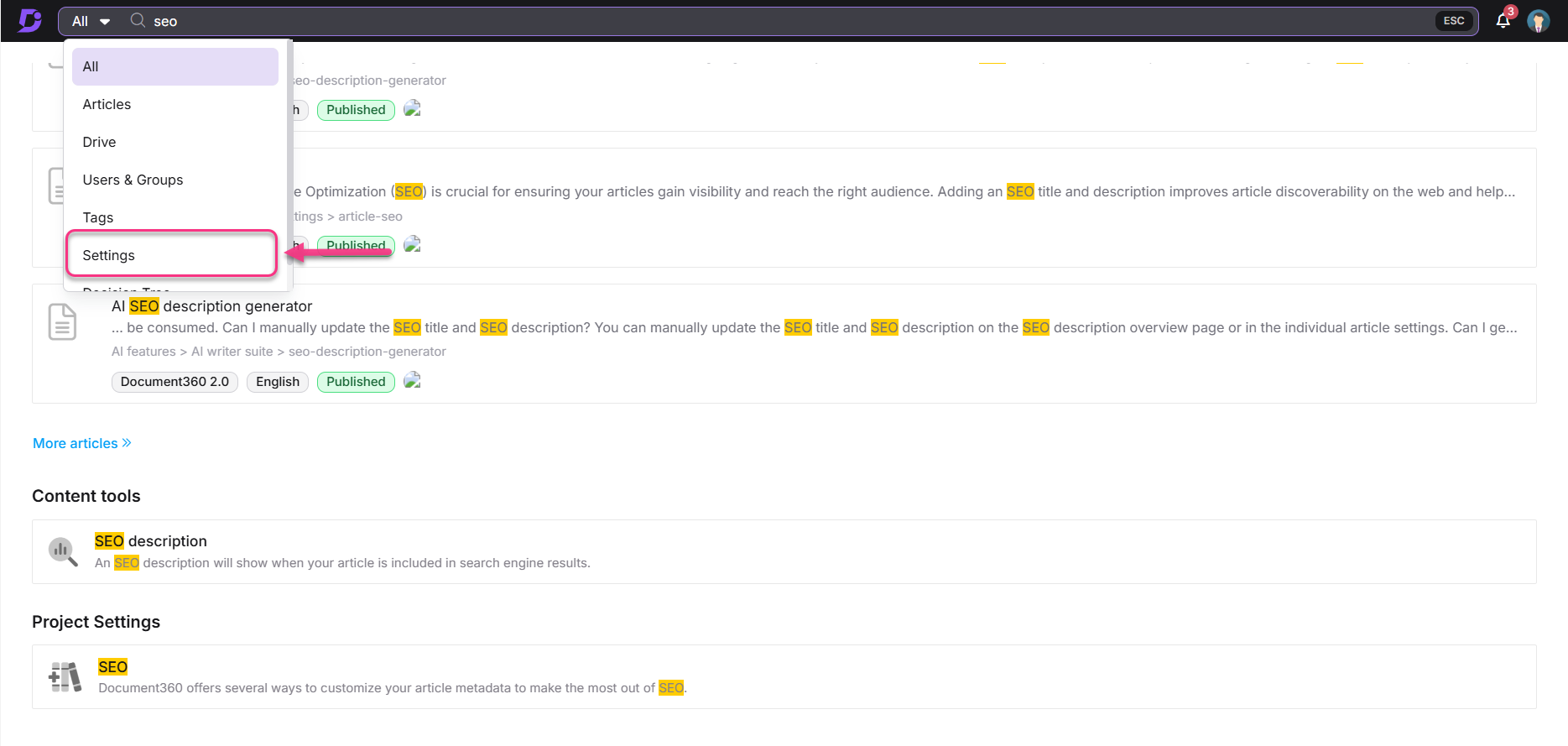 Settings menu highlighting SEO options for article visibility and description management.