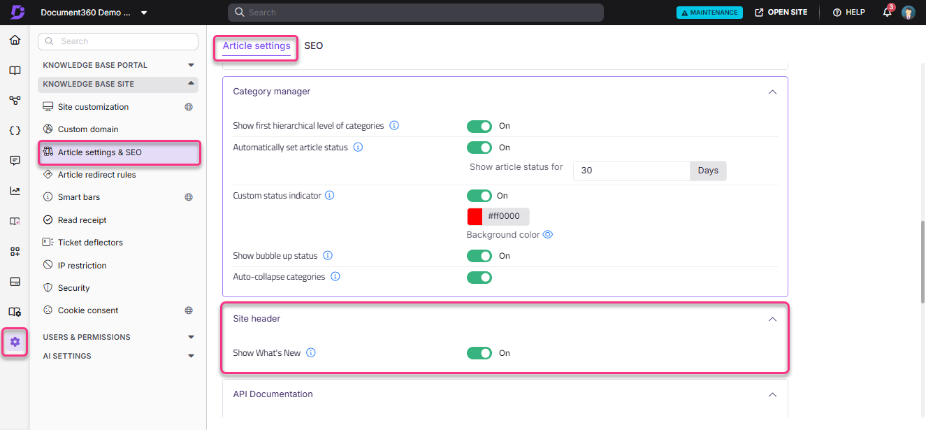 Settings menu for article management, highlighting SEO and site header options.